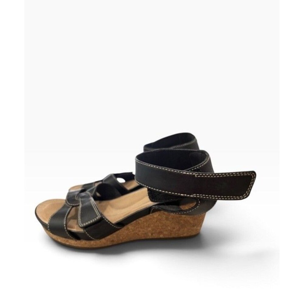 Clarks Womens Un Capri Strap Wedge Sandals Black Leather Slingback Size 9.5